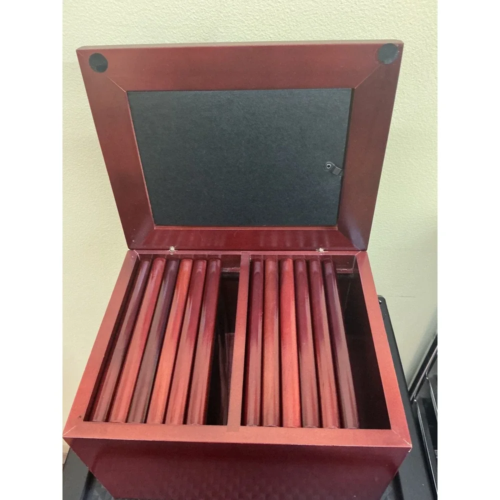 Vintage Wooden Photo Storage Box Ornate Metal Frame Lid Cherry Finish Organizer